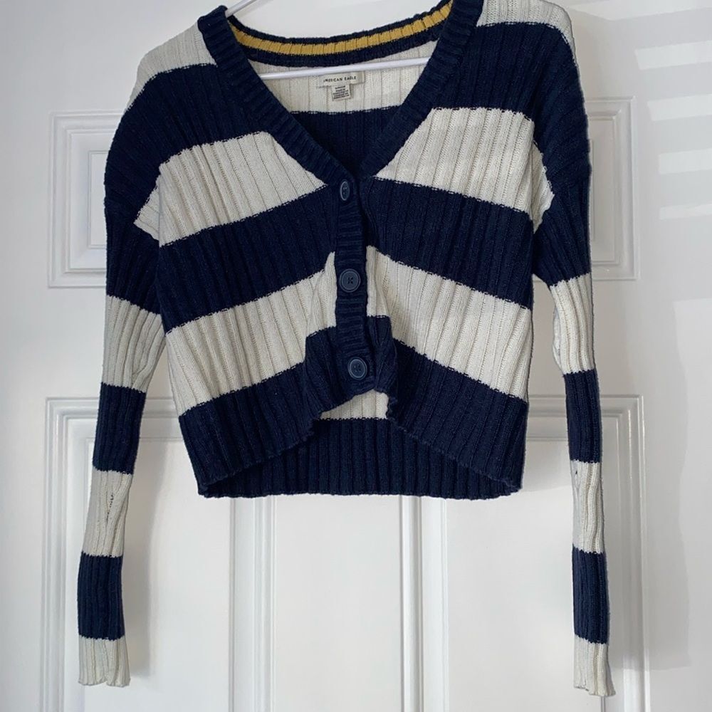 American Eagle Cropped Blue White Striped Sweater S